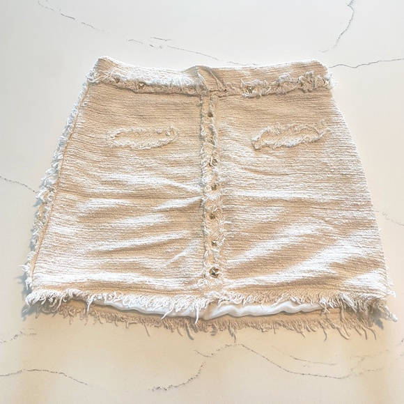 Zara | Cream Tweed Fringe Mini Skirt with Gold Studs | Size XS - Picture 1 of 14